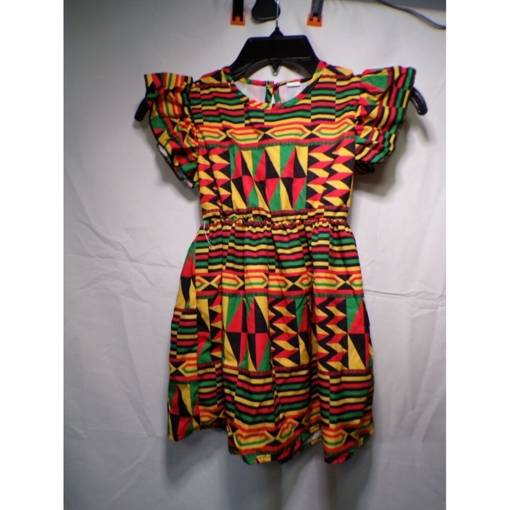 Girls Colorful Geometric African Print Dress Short Sleeve Size 4 5Y